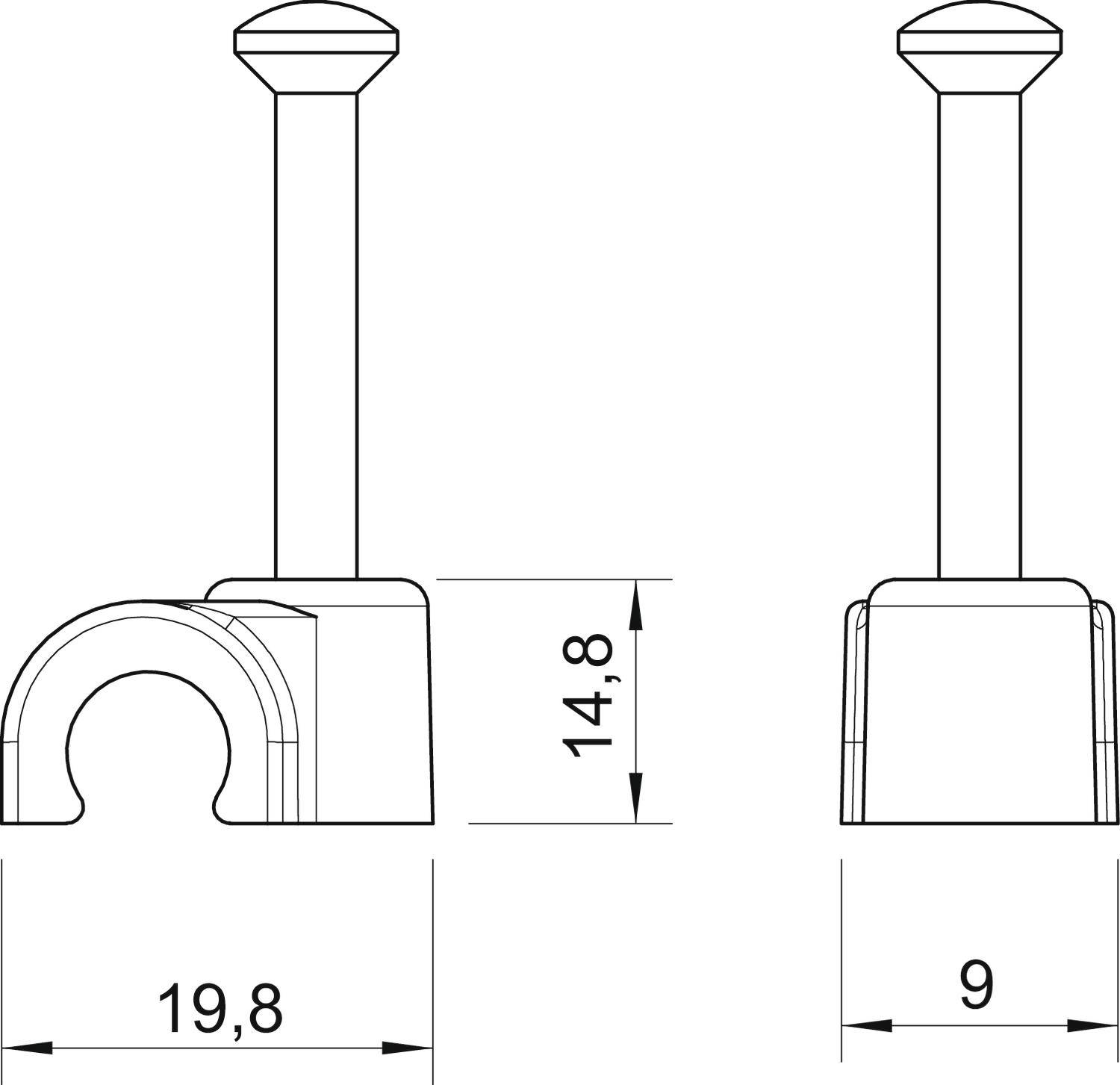 Rysunek techniczny haka z wymiarami: 19,8 mm szerokości, 14,8 mm wysokości całkowitej, 9 mm szerokości haka. Widok z przodu i z boku.
