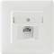 Biała puszka sieciowa z gniazdem RJ45, wmontowana w białą płytkę ścienną.