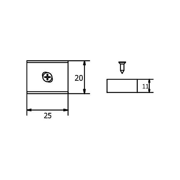 Rysunek techniczny elementu z śrubą, wymiary 25x20 mm, otwór z śrubą umieszczony centralnie, widok z boku ukazuje wysokość 11 mm.