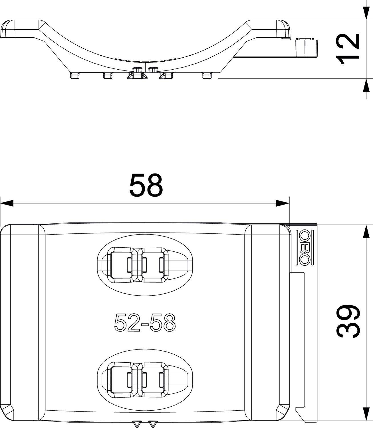 Rysunek techniczny części mechanicznej o wymiarach 12 x 58 x 39. Tekst na rysunku: '52-58'. Przedstawiono widok górny i boczny.