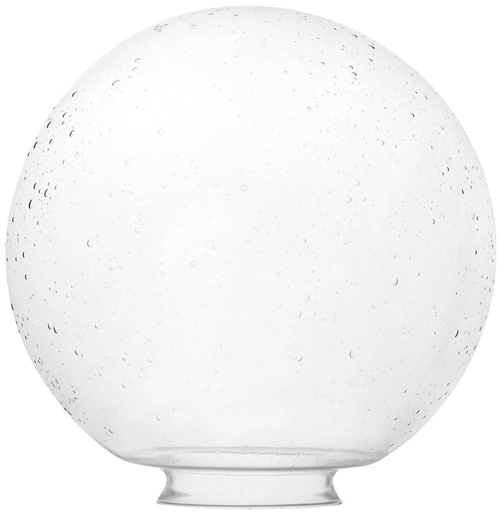 Szklana kula z małymi pęcherzykami powietrza wewnątrz, stojąca na płaskiej podstawie.