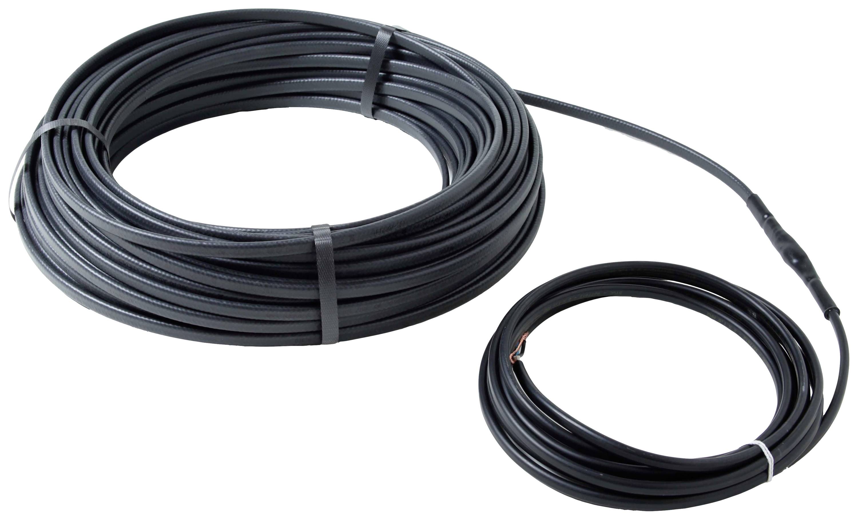 'Dwa zwinięte kable o różnej wielkości, czarne, na białej powierzchni.'