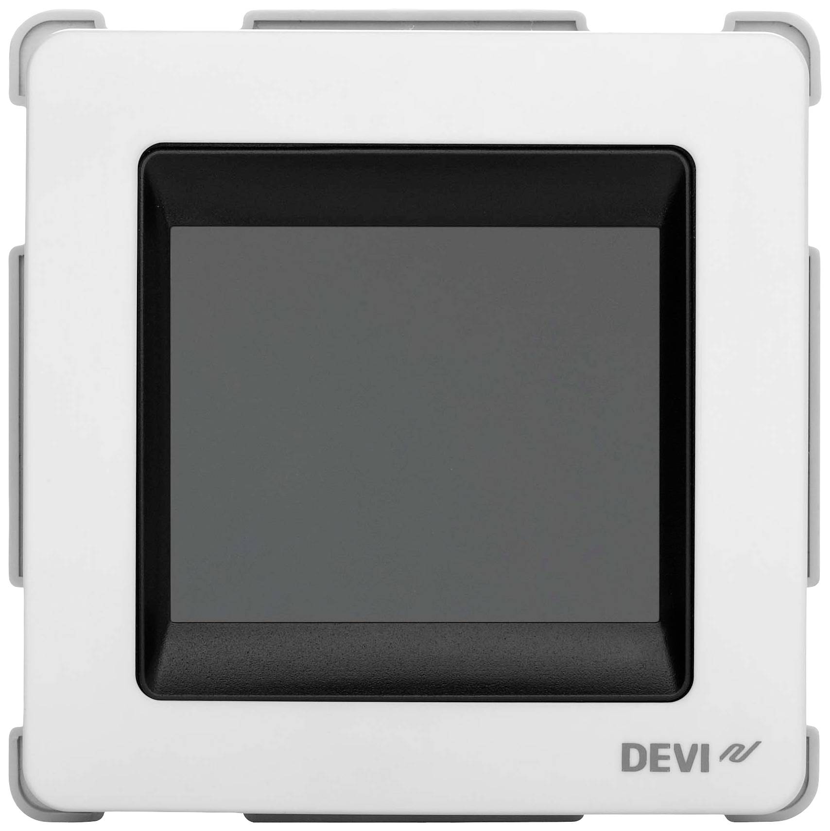 Cyfrowy termostat z ciemnym ekranem i logo DEVI w dolnym prawym rogu, bez widocznych przycisków sterujących.