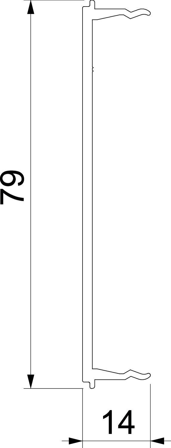 Diagram widoku profilu z wymiarami pionowymi 79 mm i poziomymi 14 mm. Przedstawia strukturę krawędzi.