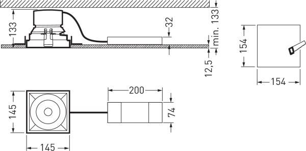 Rysunek techniczny kwadratowego urządzenia wentylacyjnego z przewodem. Wymiary: 145 x 154 mm, głębokość 133 mm. Przewód 200 mm długości, średnica 74 mm.