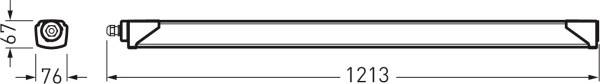 Rysunek techniczny świetlówki o wymiarach: długość 1213 mm, średnica 76 mm, średnica końcówek 67 mm.