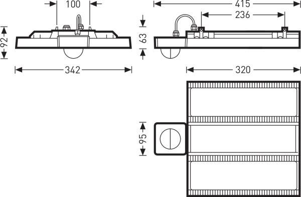 Rysunek techniczny prostokątnej obudowy z wymiarami wysokości i szerokości. Na górze złącza elektryczne i uchwyty.