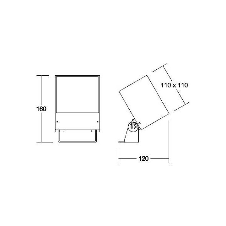 Rysunek techniczny prostokątnego reflektora LED z wymiarami: wysokość 160 mm, szerokość 120 mm, głowica 110 x 110 mm.