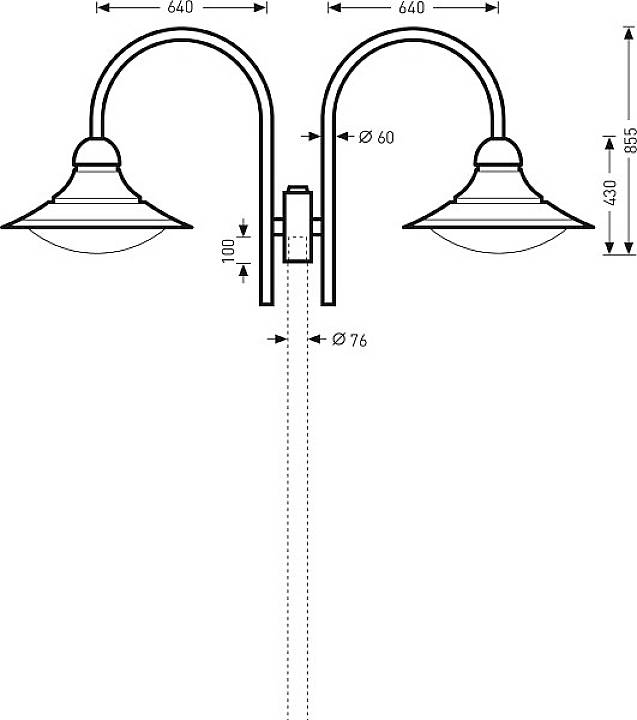 Rysunek techniczny dwustronnej lampy ściennej, przedstawiający wymiary: całkowita wysokość 855 mm, szerokość 1280 mm, średnica lampy 60 mm.