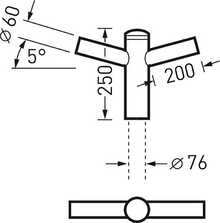 Schemat trójnika: Dwie rury połączone pod kątem 5 stopni. Wymiary: wysokość 250 mm, szerokość 200 mm, średnica rur 60 mm i 76 mm.