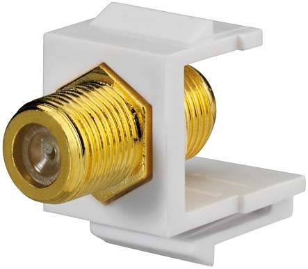 Złoty wtyk współosiowy w białej obudowie z tworzywa sztucznego. Idealny do łączenia kabli w urządzeniach elektronicznych.