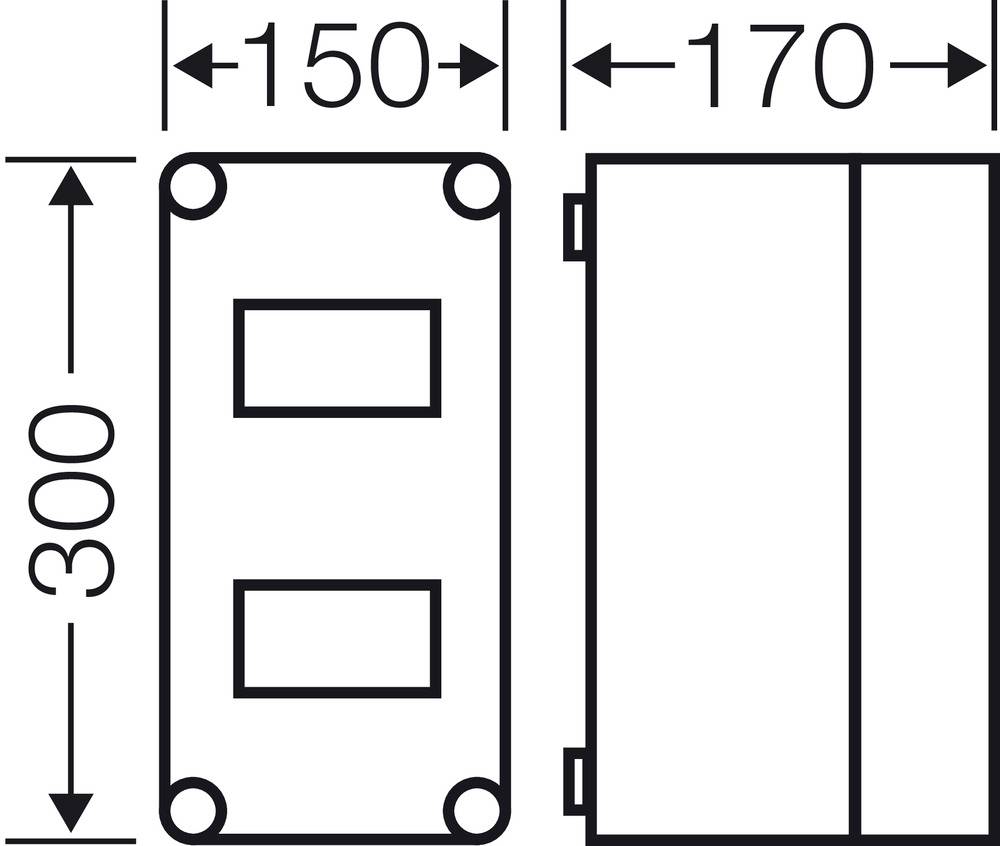 Rysunek przedstawia widok z przodu i z boku prostopadłościanu o wymiarach 150 mm x 300 mm x 170 mm.