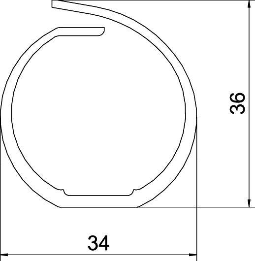 Krąg otwarty o szerokości 34 mm i wysokości 36 mm w rysunku technicznym.