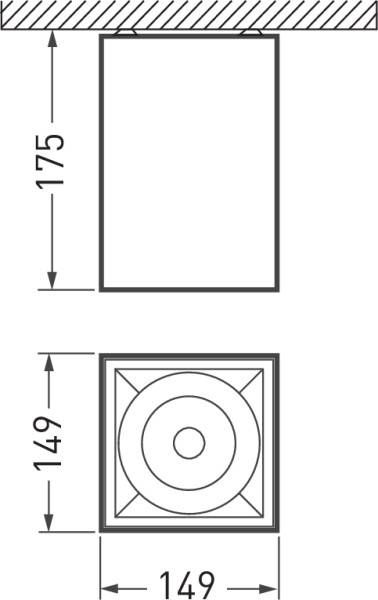 Rysunek techniczny prostokątnego otworu o wysokości 175 mm i szerokości 149 mm, z kwadratową pokrywą o długości boku 149 mm.