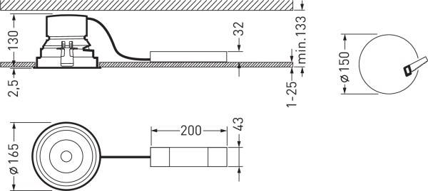 Rysunek techniczny głośnika wpuszczanego z przewodem. Wymiary: średnica 165 mm, wysokość 43 mm, przewód 200 mm, minimalna głębokość montażu 133 mm.