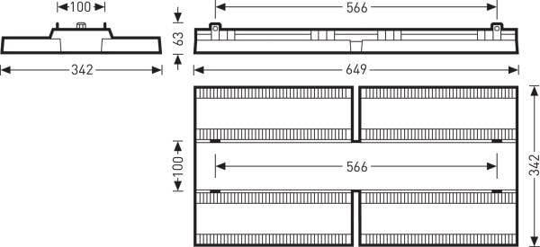 Rysunek techniczny prostokątnego elementu o następujących wymiarach: długość 649 mm, szerokość 342 mm, wysokość 63 mm. Cztery segmenty, szczegóły powyżej.