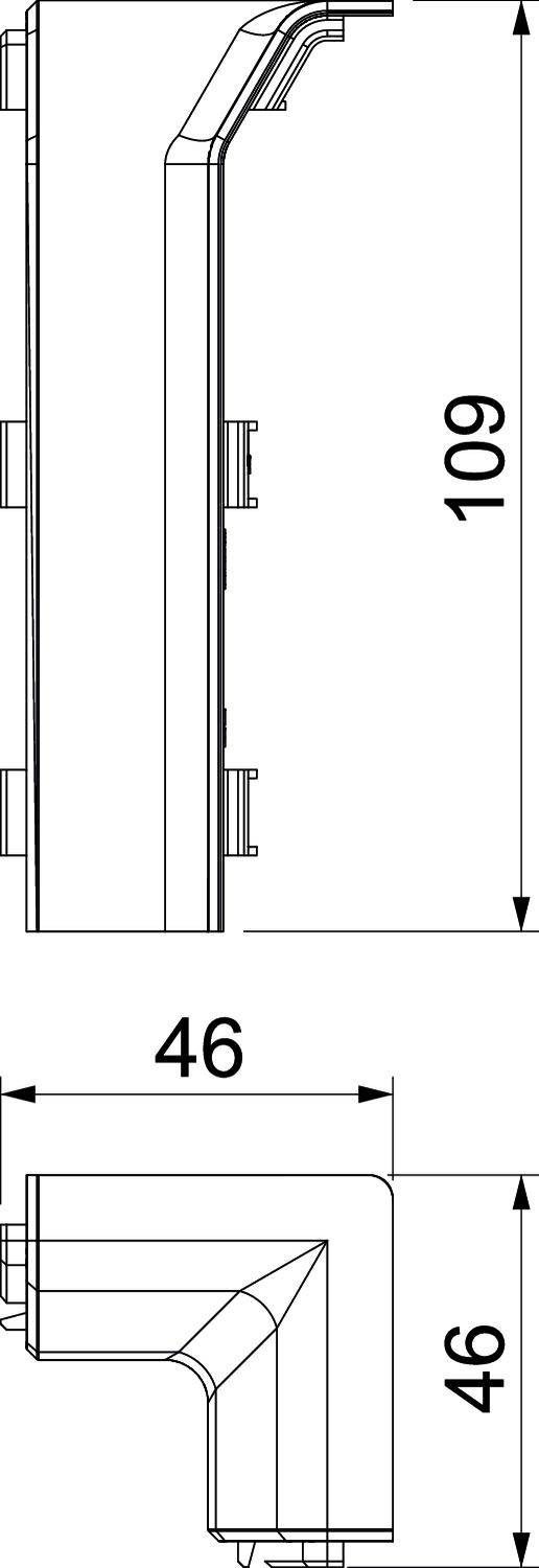 Rysunek techniczny prostokątnej części z widokiem bocznym i czołowym. Wymiary wynoszą 109 mm wysokości i 46 mm szerokości.