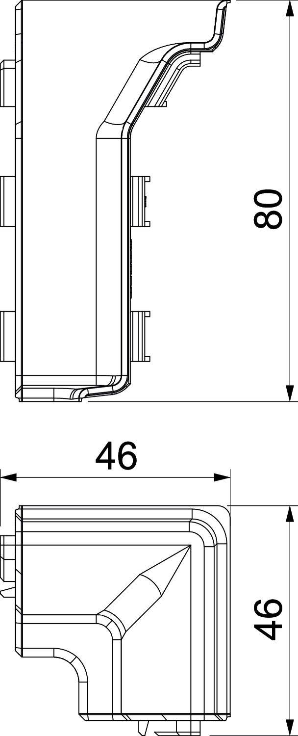 Rysunek techniczny urządzenia z wymiarami: wysokość 80 mm, szerokość 46 mm, głębokość 46 mm. Przedstawia szczegóły widoku z boku.