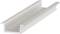 Biały, podłużny profil U wykonany z tworzywa sztucznego, charakteryzujący się jednolitą i gładką powierzchnią, prawdopodobnie przeznaczony do zastosowań budowlanych lub projektowych.