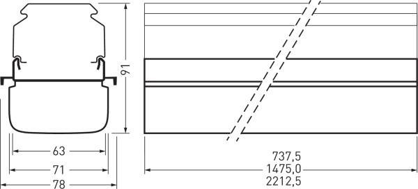 Rysunek techniczny profilu z wymiarami: Wysokość 91 mm, odcinki szerokości 63 mm, 71 mm, 78 mm. Całkowita długość: 737,5 mm, 1475,0 mm, 2212,5 mm.