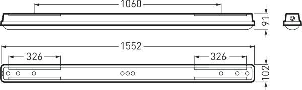 Rysunek techniczny podłużnej lampy o wymiarach: długość 1552 mm, szerokość 91 mm z boku, głębokość 102 mm.