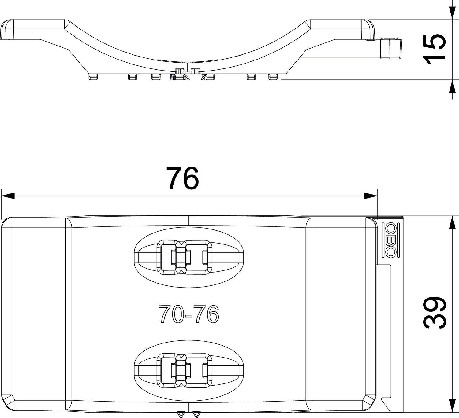 Rysunek techniczny elementu mocowania snowboardowego z wymiarami: szerokość 76 mm, wysokość 39 mm, grubość 15 mm. Oznaczenia numeryczne '70-76'.