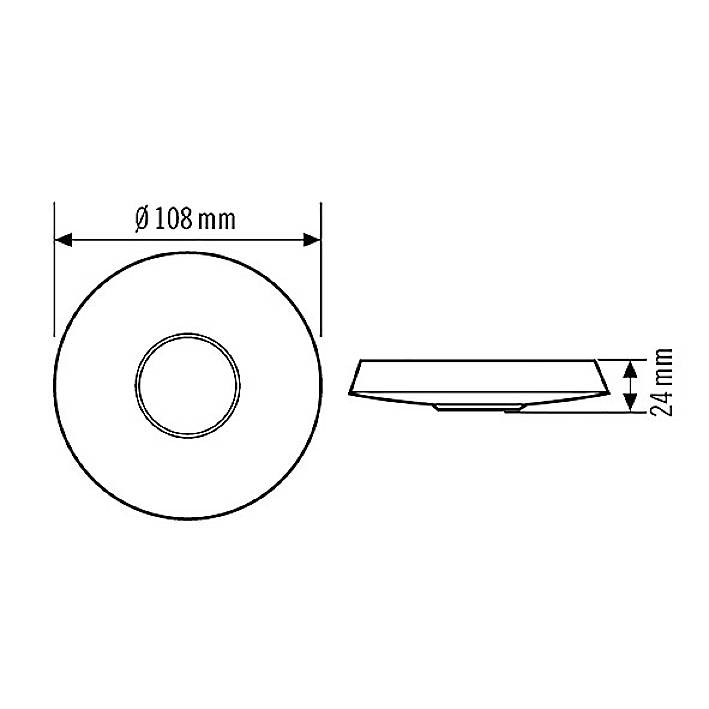 Rysunek techniczny okrągłego obiektu o średnicy 108 mm i wysokości 24 mm, widok z boku i z góry.