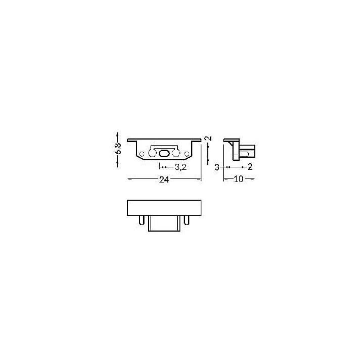Rysunek techniczny: Wymiary i widok z boku małej prostokątnej części, szerokość 24, głębokość 3,2, wysokość 6,8 mm, dodatkowe wymiary 3,2 x 2 mm.