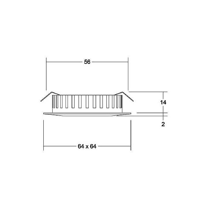 Rysunek techniczny obiektu kwadratowego o wymiarach 64 x 64 mm. Wysokość 14 mm, szerokość 56 mm.
