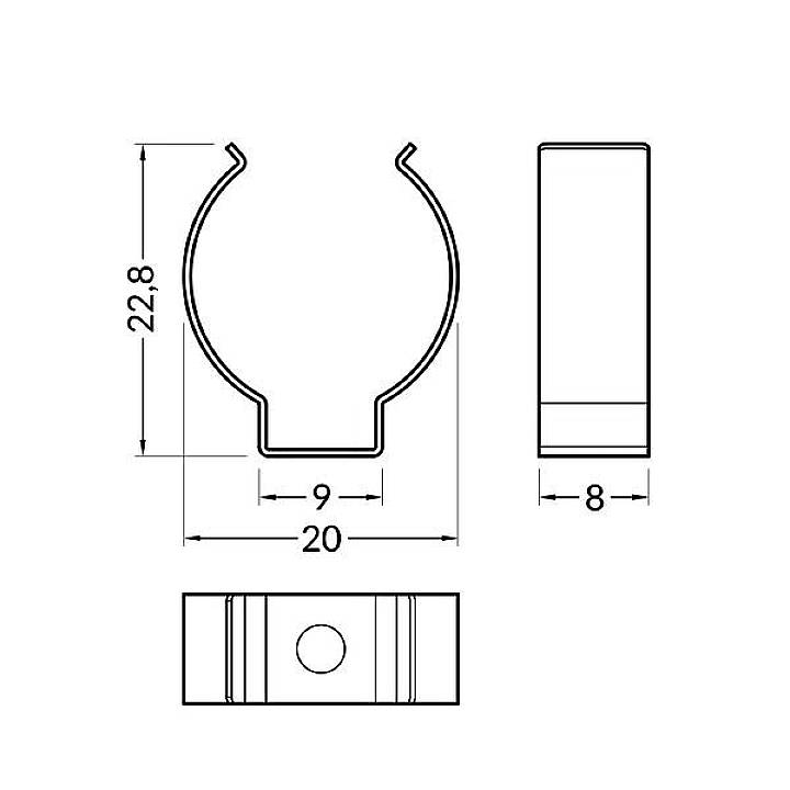 Rysunek techniczny uchwytu w kształcie litery U z wymiarami: wysokość 22,8 mm, szerokość 20 mm, szerokość wewnętrzna 9 mm. Widok z boku przedstawia grubość 8 mm.