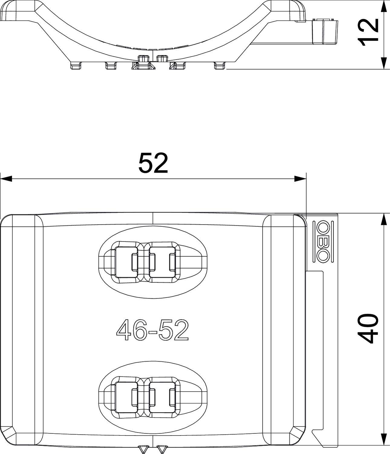 Rysunek techniczny zacisku kablowego. Wymiary: szerokość 52 mm, wysokość 40 mm, głębokość 12 mm. Widoczne oznaczenie '46-52' oraz logo.