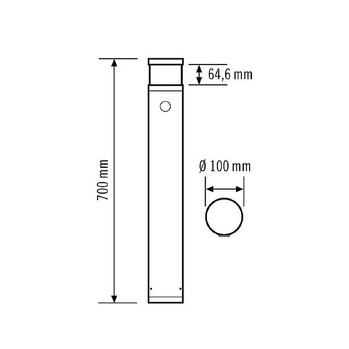Rysunek cylindrycznej rury o średnicy 100 mm i całkowitej wysokości 700 mm, wraz z wymiarowaniem.