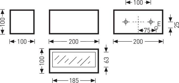 Rysunek techniczny prostokątnych obiektów z wymiarami: 100x100, 200x100 oraz 185x63 mm. Jeden z prostokątów przedstawia punkty mocowania.