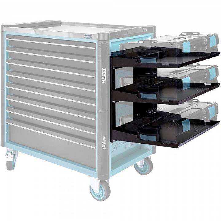 Wózek narzędziowy z siedmioma szufladami i trzema wysuwnymi tackami po prawej stronie, na kółkach, w kolorze niebieskim.