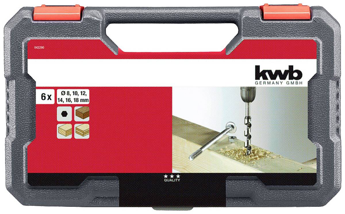 Zestaw wierteł firmy kwb Germany GmbH w szarym pudełku z czerwonym zamknięciem. Odpowiedni do drewna o średnicach od 8 do 18 mm.