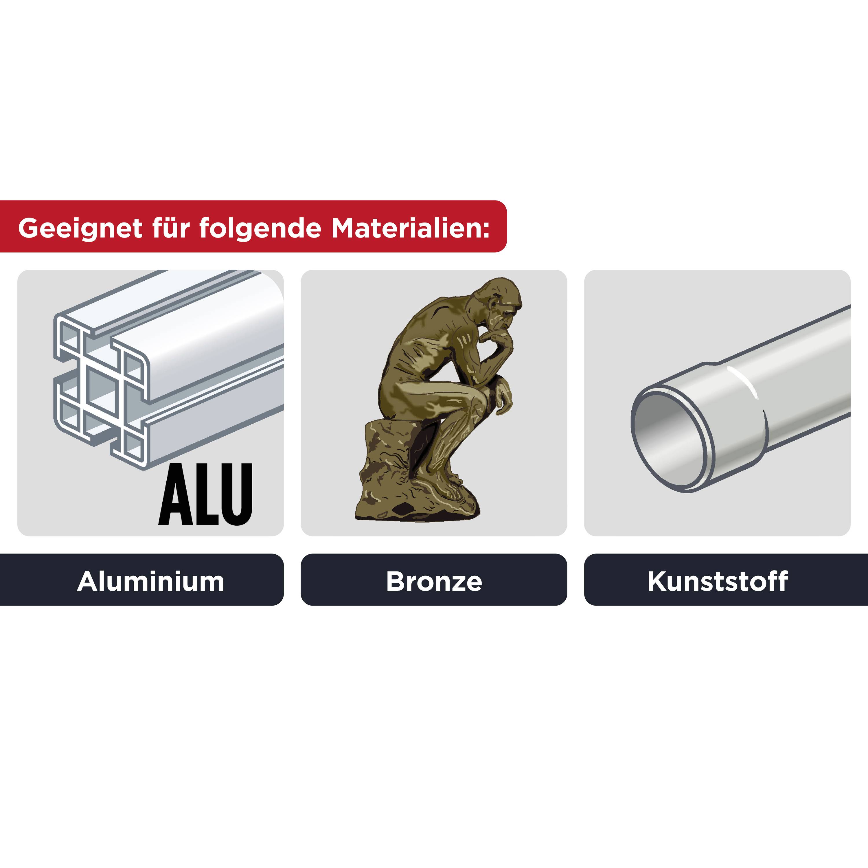 Nadaje się do następujących materiałów: aluminium, brąz, tworzywo sztuczne. Przedstawienie profilu aluminiowego, rzeźby z brązu i rury z tworzywa sztucznego.