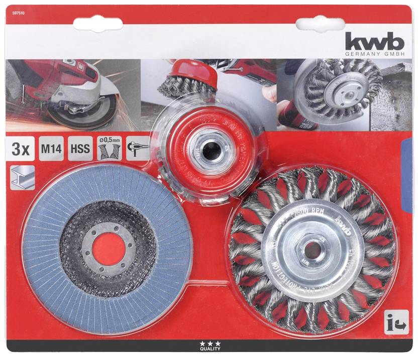 Zestaw szczotek drucianych do szlifierki kątowej z trzema nakładkami: szczotka szlifierska, szczotka garnkowa i tarcza lamelowa. Odpowiedni do czyszczenia metalu.