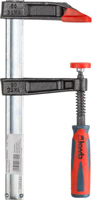 Ścisk śrubowy z czerwonym i czarnym uchwytem z tworzywa sztucznego, srebrnym korpusem metalowym i regulowanym zakresem zacisku 600x120 mm.