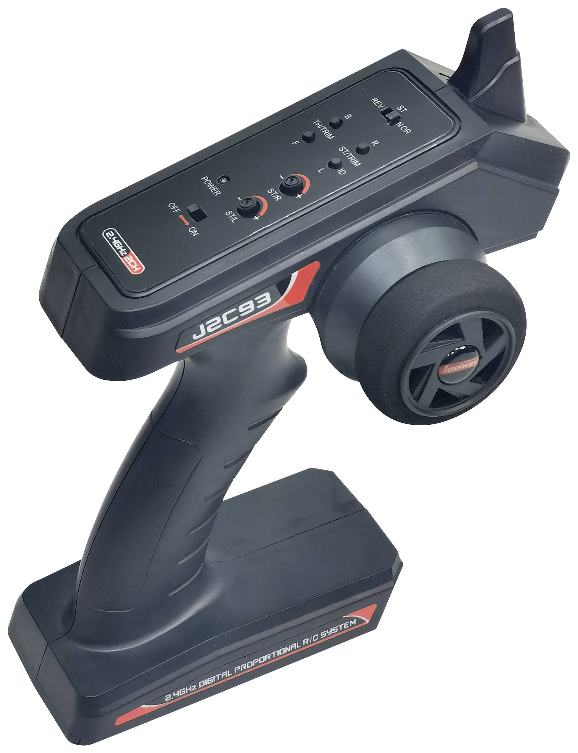 Ręczny pilot zdalnego sterowania do modeli RC, z wyświetlaczem na górze, kilkoma przyciskami i dużym pokrętłem z boku.