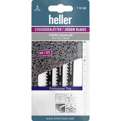 Ostrza do wyrzynarki 'heller', 3 sztuki. Opakowanie zawiera brzeszczoty z napisem 'CARBIDE abrasive pro', wymiary: 75 x 1,9 x 7,8 mm.