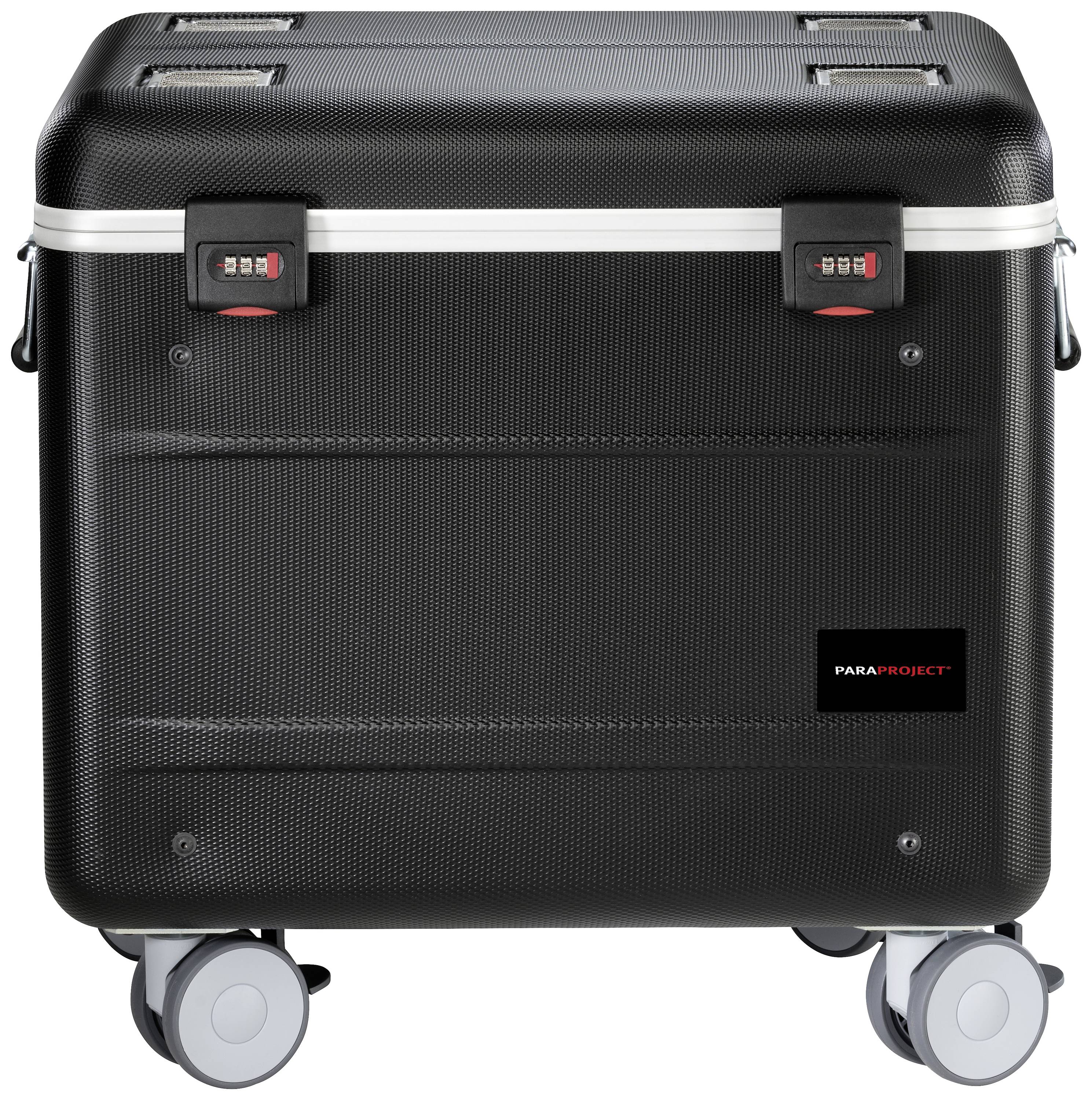 Czarny, mobilny kufer z zamkami szyfrowanymi i etykietą z napisem 'PARA-PROJECT'.