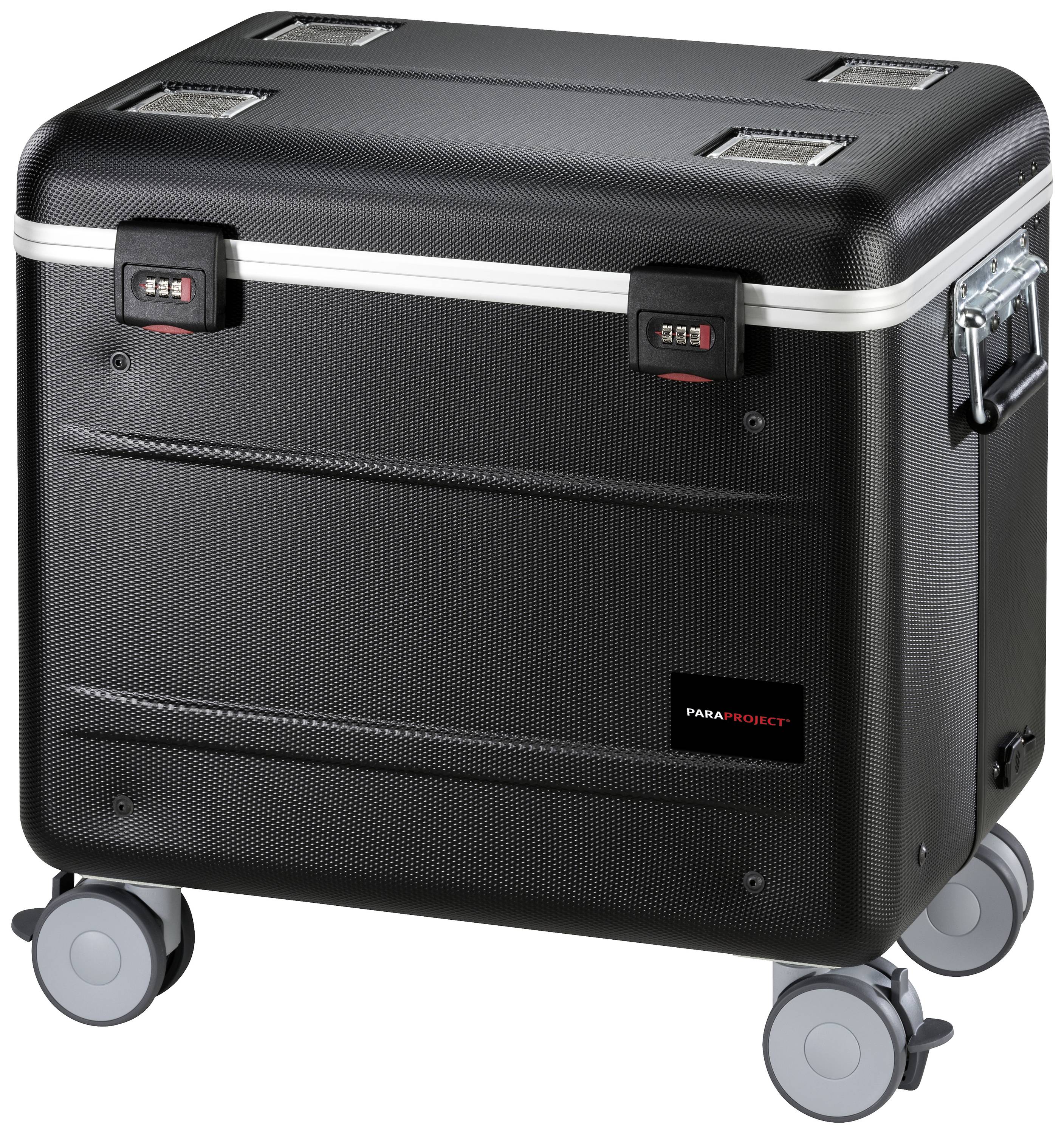 Czarny walizka na kółkach z zamkiem szyfrowym i wytrzymałymi kółkami. Odpowiednia do bezpiecznego transportu.