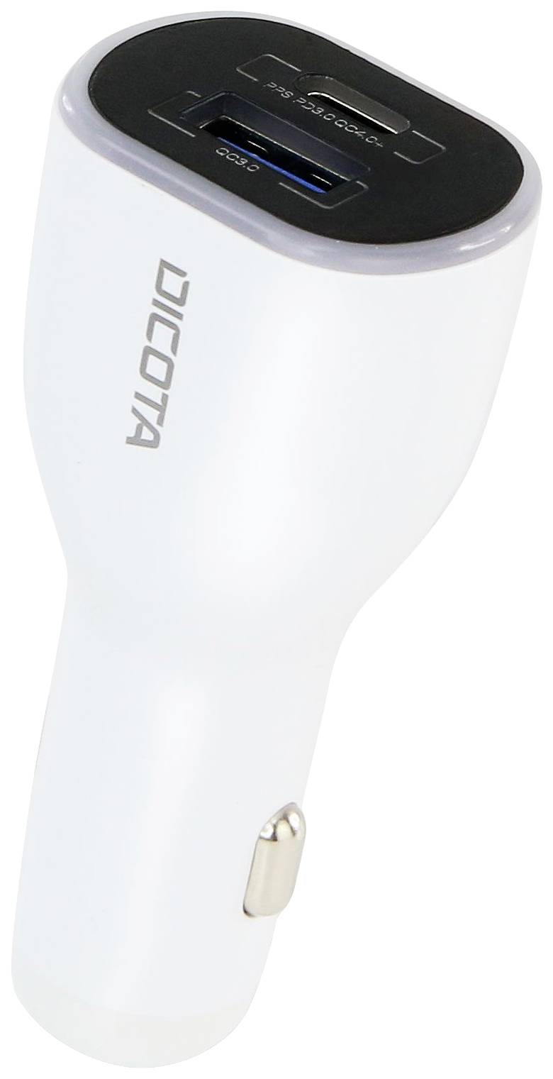 Białe ładowarka samochodowa z dwoma portami USB, z wyróżnionym niebieskim portem. Tekst 'DICOTA' z boku.