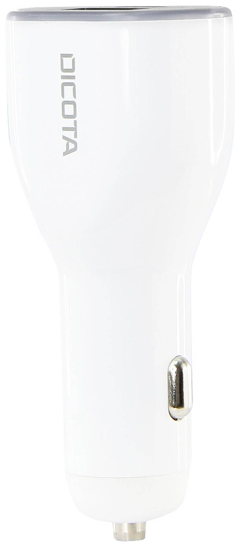 Białą ładowarkę z logo 'DICOTA', którą można włożyć do gniazda zapalniczki samochodowej.