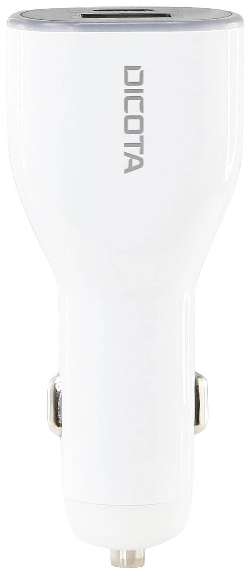 Białe ładowarka samochodowa USB z napisem 'DICOTA', przeznaczona do ładowania urządzeń przez gniazdo zapalniczki samochodowej.
