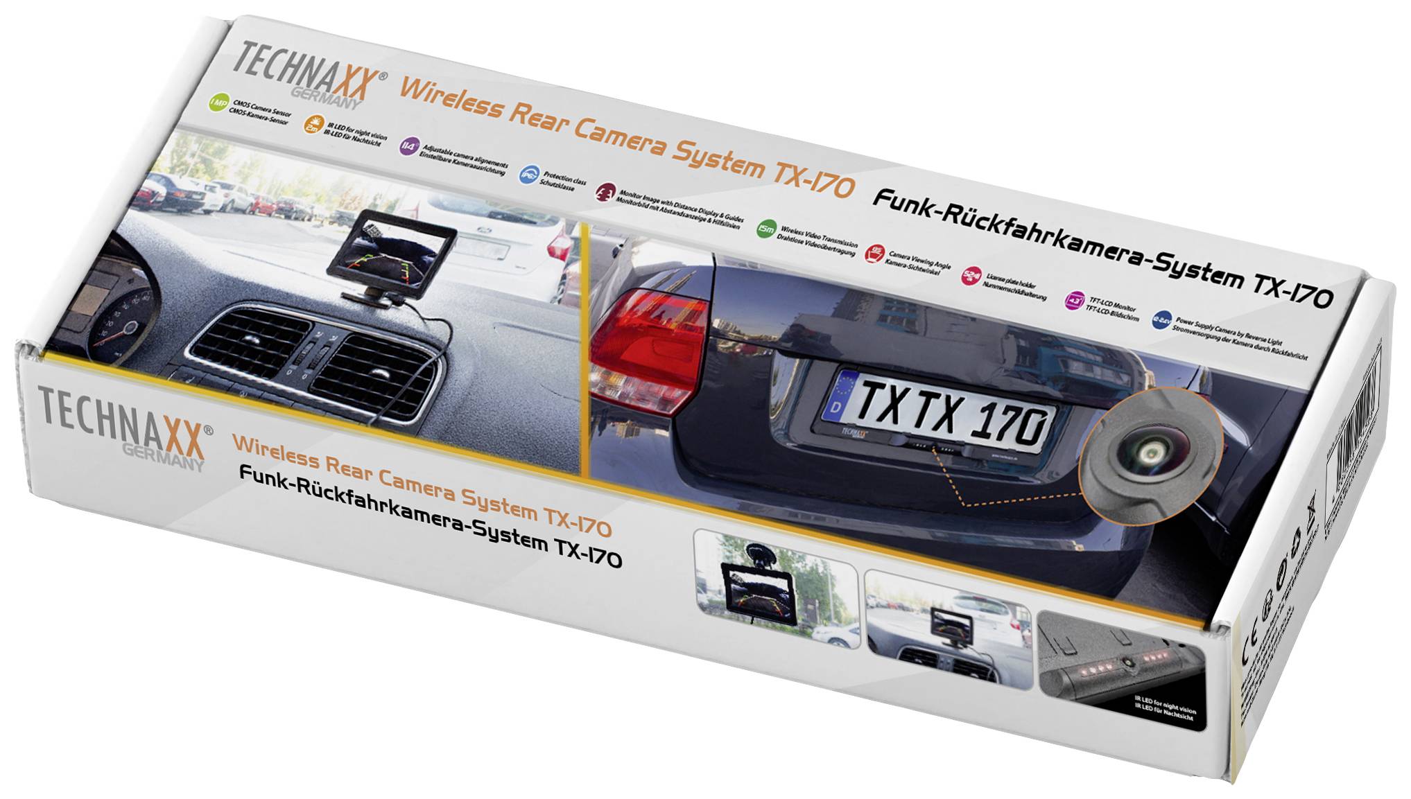 Opakowanie bezprzewodowego systemu kamery cofania z kamerą, ekranem i ilustracją samochodu. Marka: Technaxx, Model: TX-170.