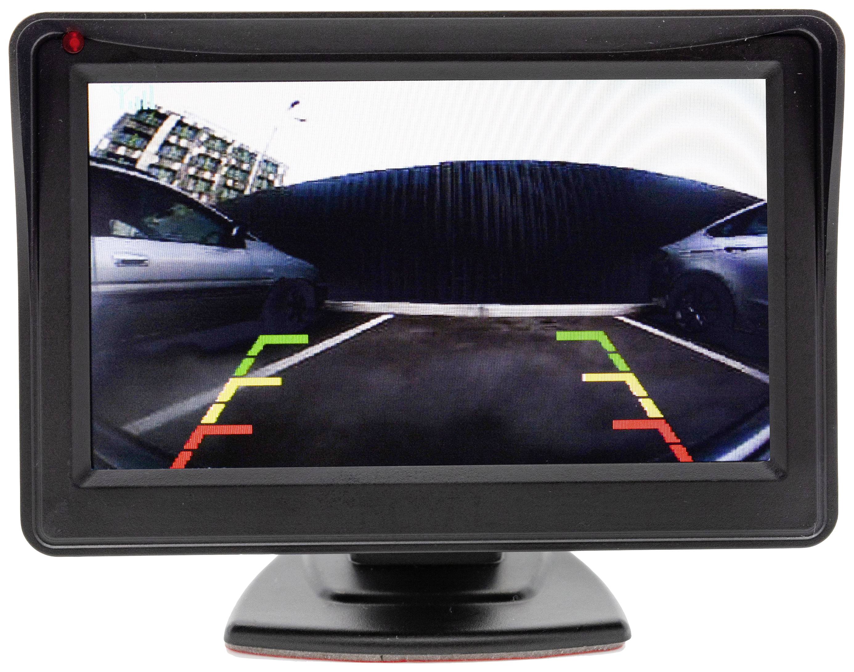 Wyświetlacz kamery cofania pokazuje parking z oznaczonymi granicami w kolorach zielonym, żółtym i czerwonym, aby oznaczyć odległość od sąsiednich samochodów.