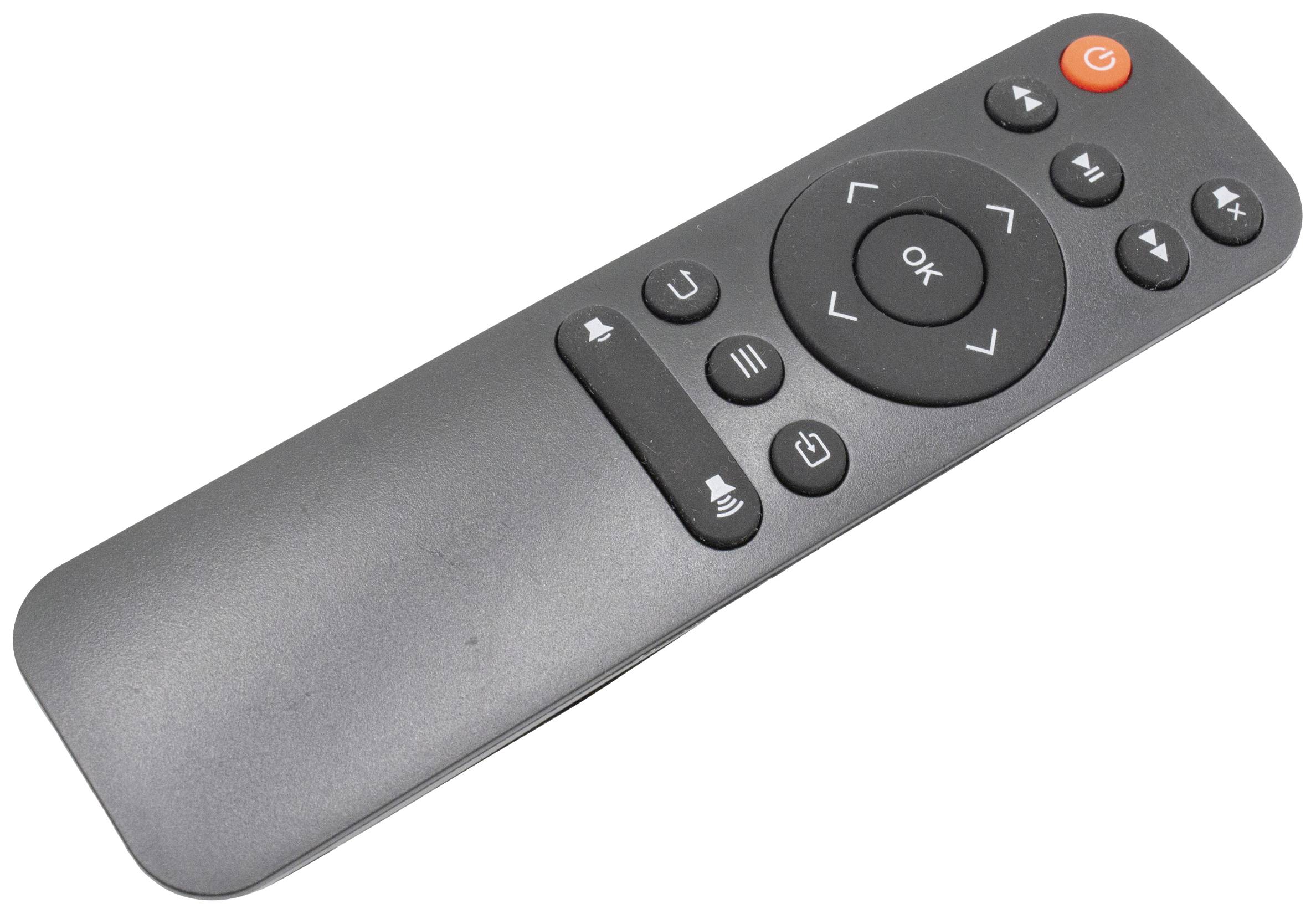 Czarna pilot zdalnego sterowania z przyciskami OK, regulacji głośności, zmiany kanału oraz włączania/wyłączania.