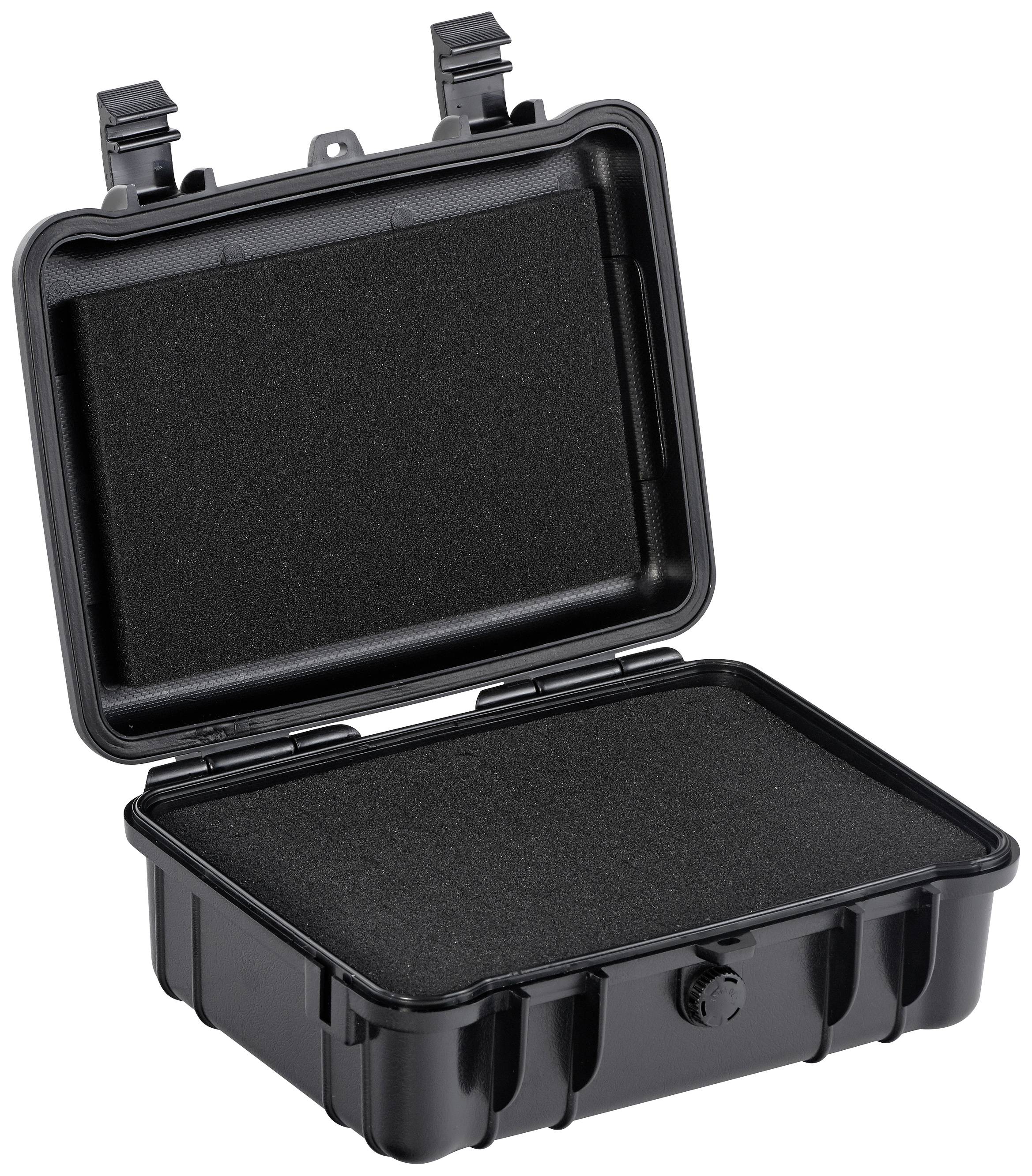 Czarny, otwarty, wytrzymały pojemnik transportowy z wyściółką piankową, przeznaczony do bezpiecznego przechowywania i transportu delikatnych przedmiotów.