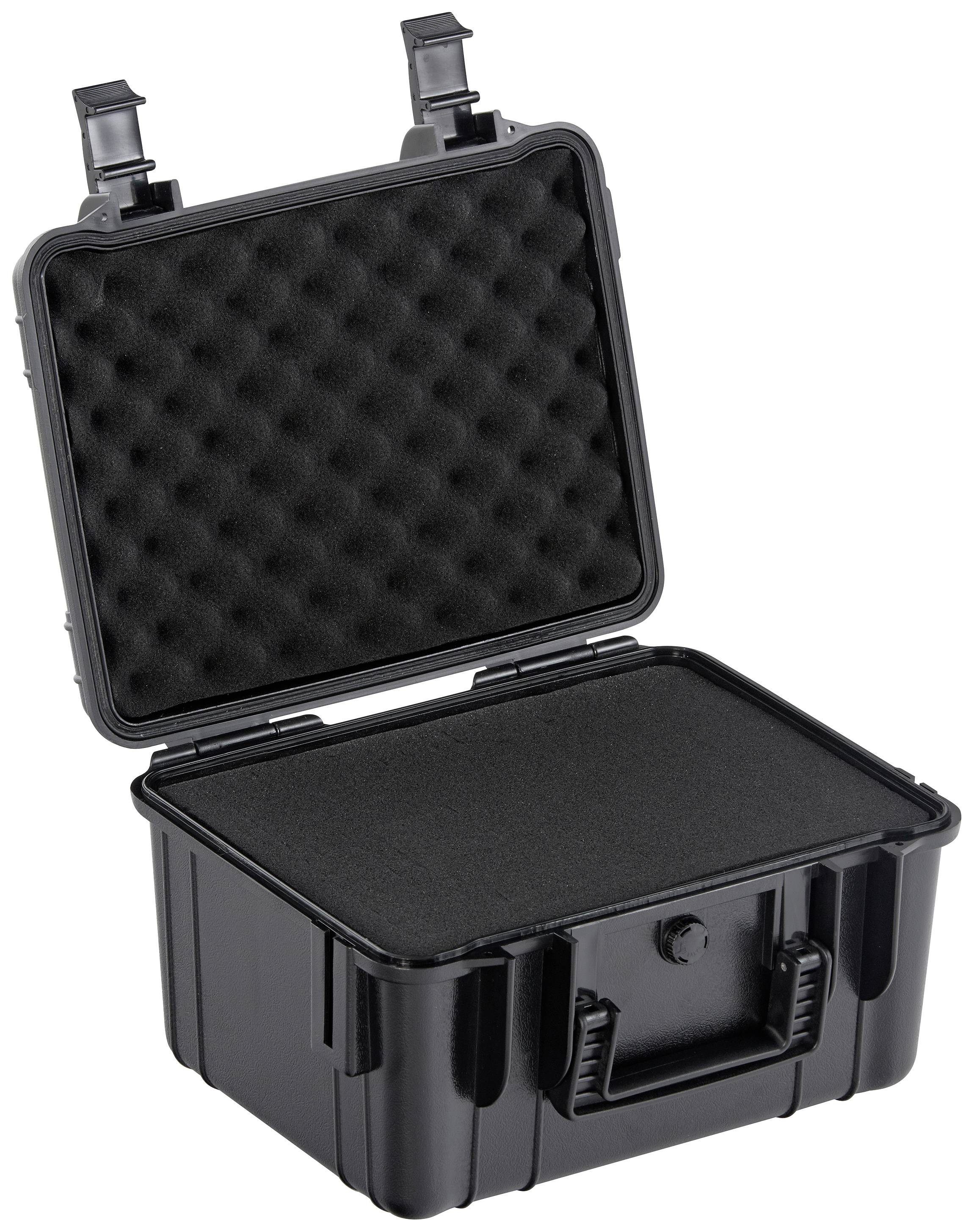 Czarny, otwarty pojemnik z tworzywa sztucznego z wyściółką piankową, odpowiedni do bezpiecznego transportu delikatnego sprzętu.